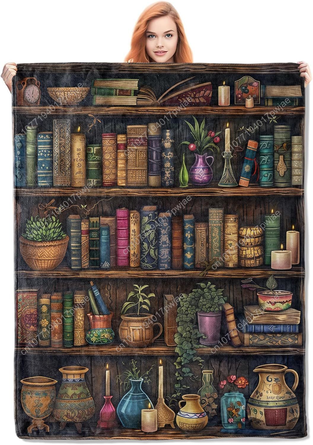 Home Textiles & Furnishings - ผ้าห่มลายชั้นวางหนังสือวินเทจ ผ้าฟลีซเนื้อนุ่มสบาย น้ำหนักเบา พร้อมลายหนังสือโบราณและของตกแต่ง สำหรับทำผ้าห่มแบบสั่งทำ
