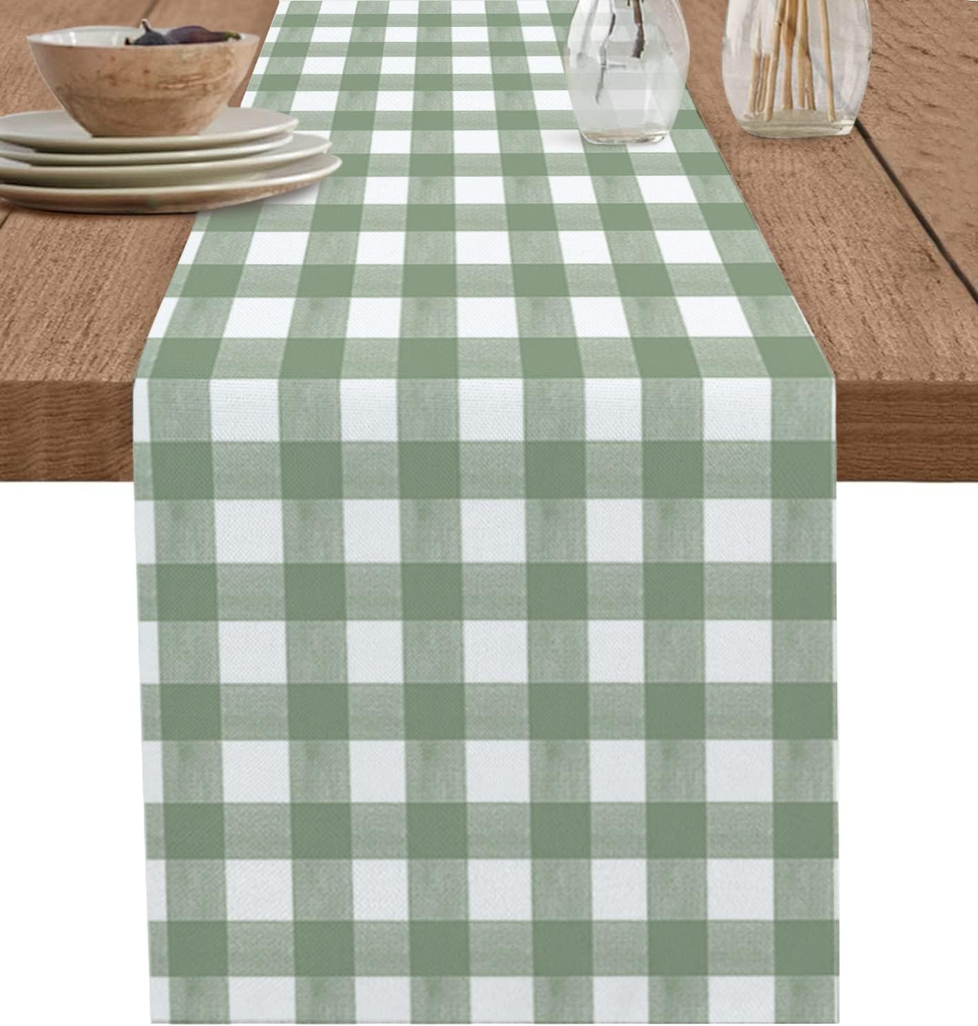 Linum Home Textiles - สีเขียว BUFFALO ลายสก๊อตผ้าลินินตาราง Runner ชุดผ้าพันคอตกแต่งตาราง Farmhouse