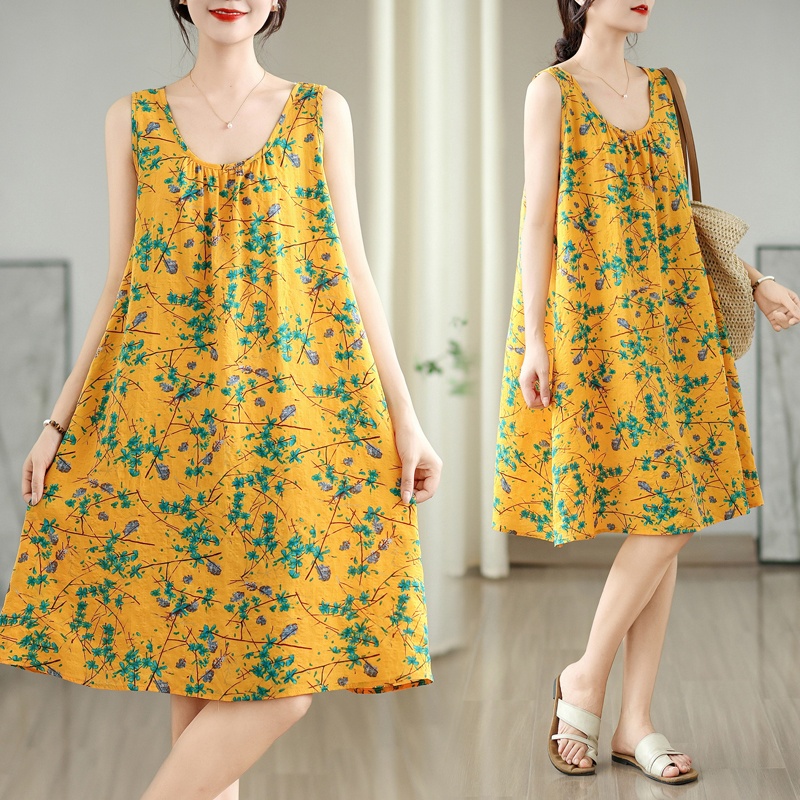 Linum Home Textiles - เดรสผ้าฝ้ายลินินทรงเอสำหรับฤดูร้อน ผู้หญิงทรงหลวมสบายๆ พิมพ์ลาย แขนกุด คอกลม ใส่ได้ทั้งในบ้านและนอกบ้าน