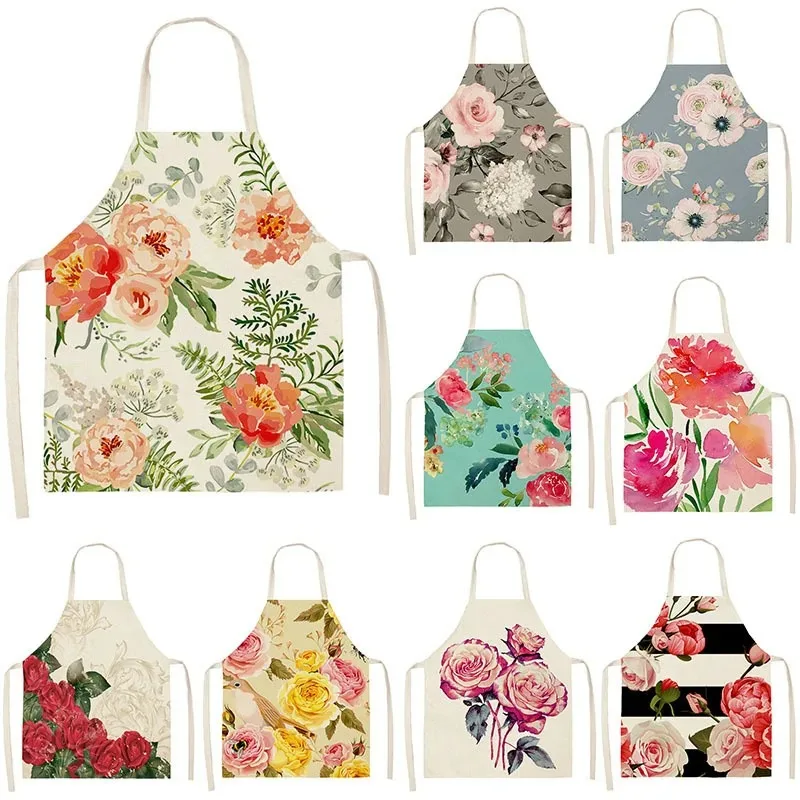 Linum Home Textiles - Peony ดอกไม้ผ้าลินินผ้ากันเปื้อนห้องครัวนมชา Shop ร้านอาหารเสื้อผ้าทํางานตกแต่งบ้านพิมพ์ผ้ากันเปื้อนทําความสะอาดเด็ก Bib