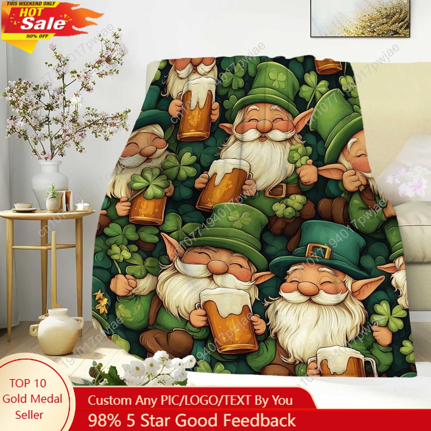 Home Textiles & Furnishings - ผ้าห่มลายกู๊ดแมนวันเซนต์แพทริก พร้อมแก้วเบียร์และลายใบโคลเวอร์ ผ้าห่มสีเขียวแสนสบายสำหรับทุกเพศทุกวัย เหมาะสำหรับวันเซนต์แพทริก ผ้าห่มสั่งทำพิเศษ
