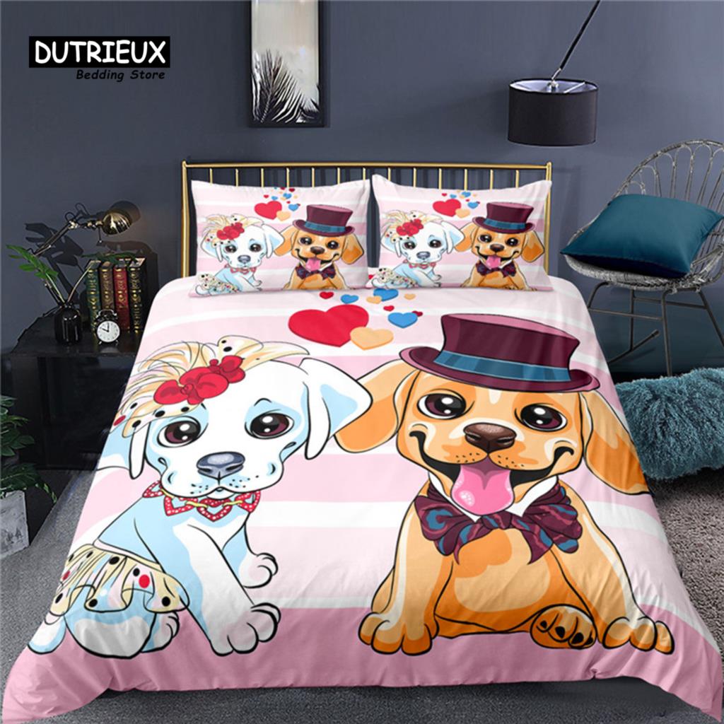 Home Textiles Uk - สิ่งทอที่บ้านหรูหรา 3D คู่สุนัขชุดเครื่องนอนสบายผ้านวมชุดเครื่องนอนเด็กชุด Queen และ King