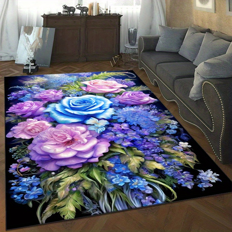 Home Textiles And Furnishing - พรมลายดอกไม้ลายกุหลาบสีน้ำเงินและสีม่วง ช่วยเพิ่มความสง่างามให้กับพื้นที่นั่งเล่นของคุณ พรมลายดอกไม้ ของตกแต่งบ้านที่หรูหรา