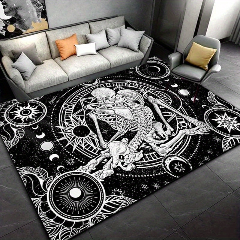 Home Textiles Designer - พรมเต้นรำโครงกระดูกสุดหรู - ของตกแต่งบ้านสไตล์โกธิคพร้อมสัญลักษณ์โหราศาสตร์ การออกแบบตกแต่งภายในสีดำและสีขาว